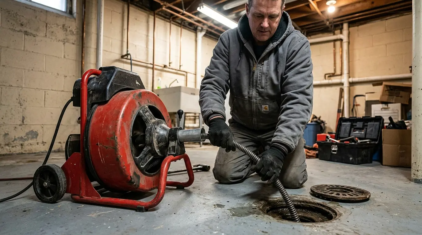 drain cleaning machine feeding a cable into a basement floor drain in a Denver home