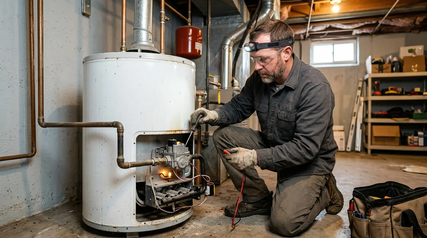technician checking the burner assembly on a residential gas water heater in a Denver basement