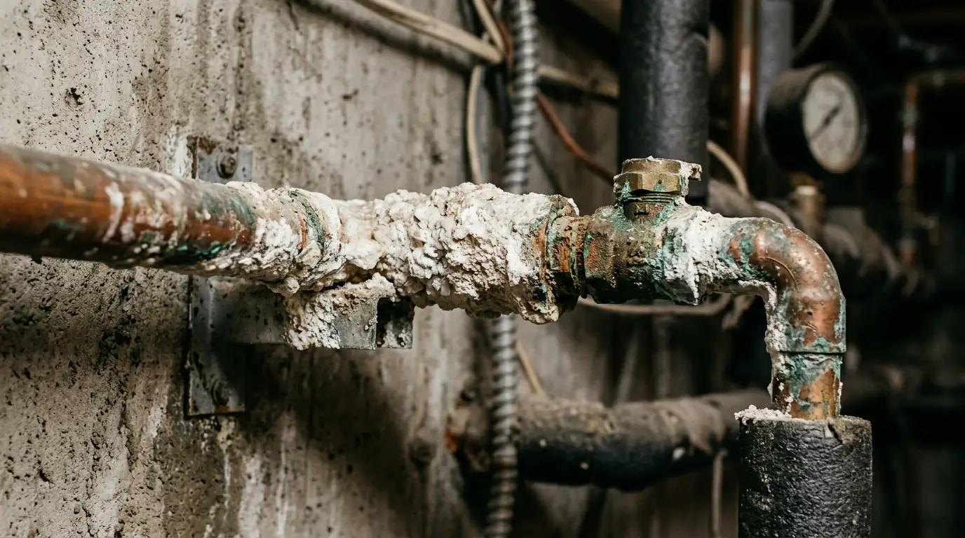 close up of a corroded copper water pipe covered in heavy white mineral scale on a Denver residential supply line