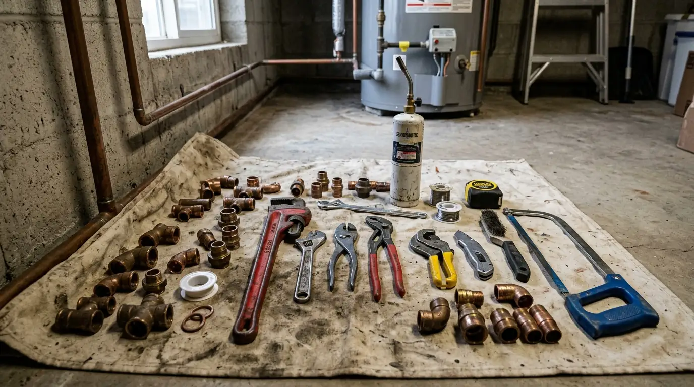 plumber hand tools and pipe fittings laid out on a work cloth inside a Denver home