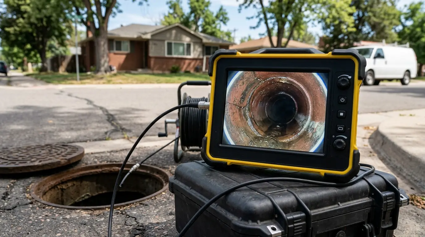 sewer camera monitor showing the inside of a clay pipe during a Denver lateral inspection
